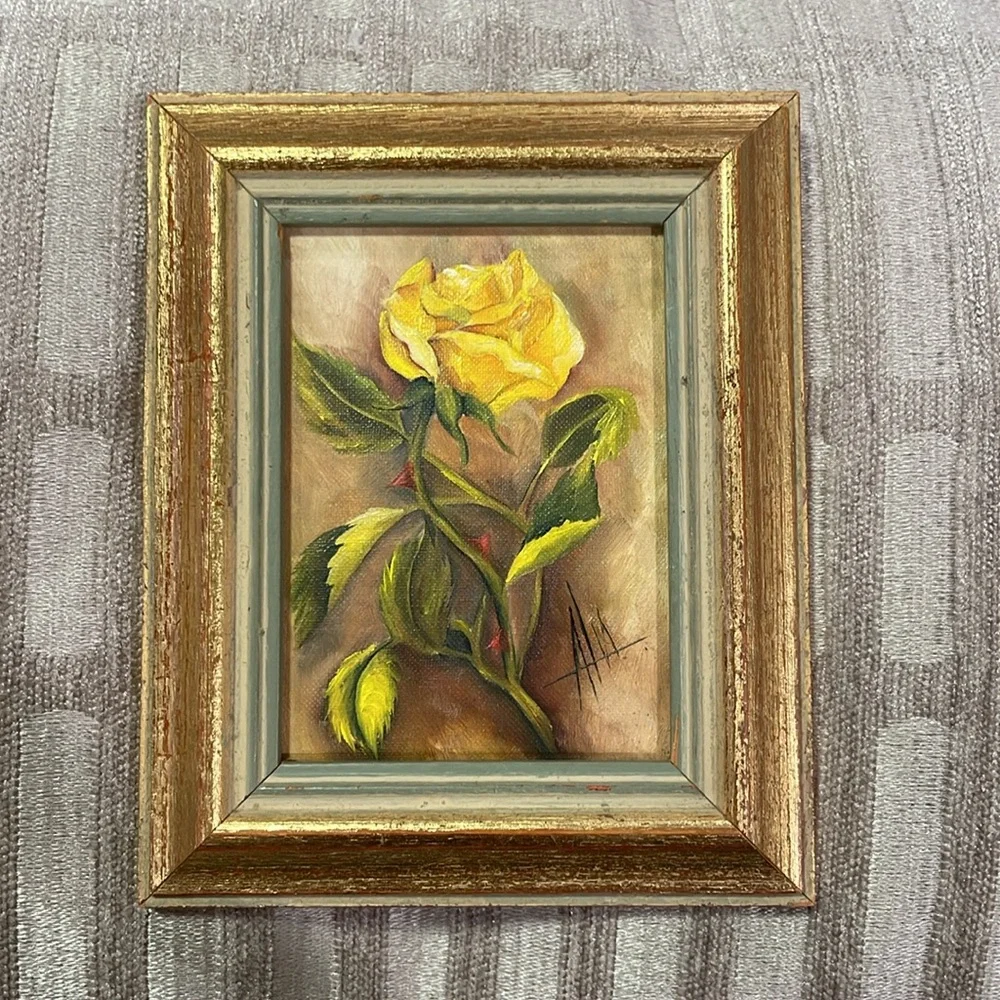 Yellow Rose Red Thorn Hand-painted Original Oil Signed Golden Framed Art - Picture 3 of 9